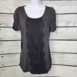 Maurices S Gray Lace Puff Sleeve Tee Stretchy Boho Top Scoop Neck